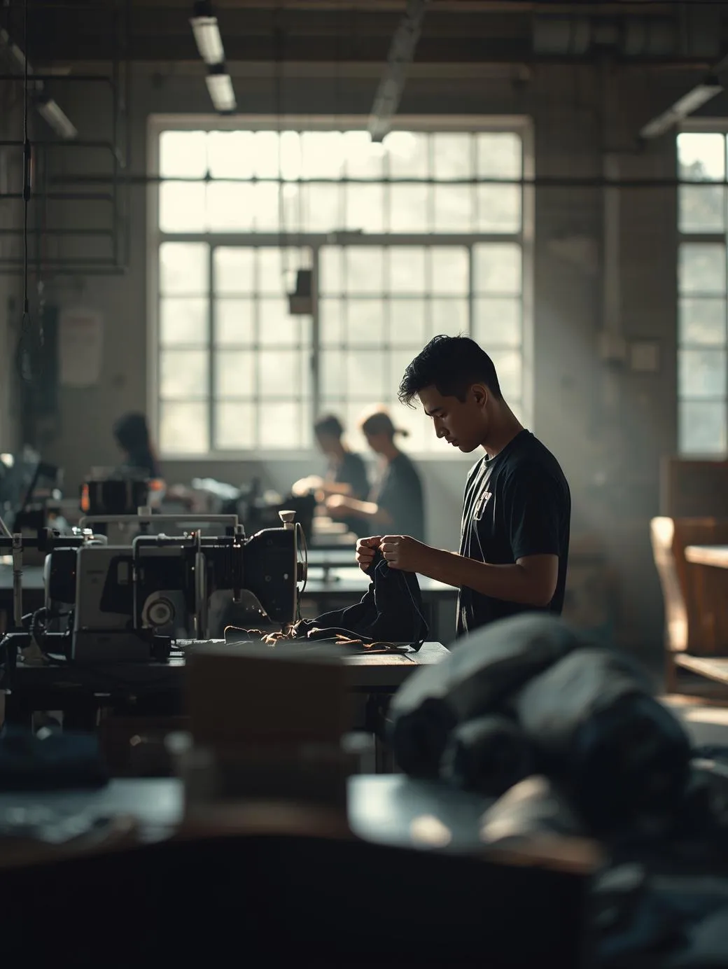 Apparel production line in progress.